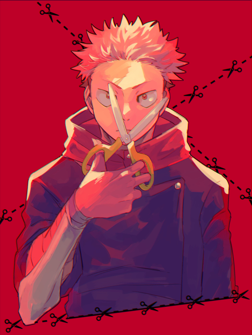 1boy black_jacket brown_eyes closed_mouth hand_up highres holding holding_scissors hood hood_down hoodie itadori_yuuji jacket jujutsu_kaisen jujutsu_tech_uniform looking_at_viewer male_focus mamonaku_s pink_hair red_background red_hoodie school_uniform scissors short_hair solo upper_body v-shaped_eyebrows