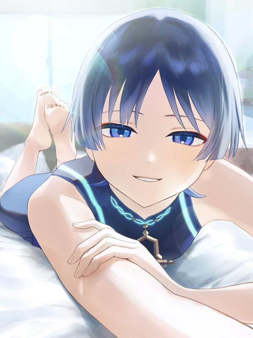 1boy barefoot bed_sheet bishounen blue_eyes blue_hair blue_shirt blue_shorts blurry blurry_background eyelashes eyeliner feet feet_up genshin_impact hand_on_own_arm highres indoors io_spr lens_flare lying makeup male_focus on_stomach parted_bangs parted_lips scaramouche_(genshin_impact) shirt short_hair shorts sleeveless sleeveless_shirt soles solo the_pose toes wanderer_(genshin_impact)