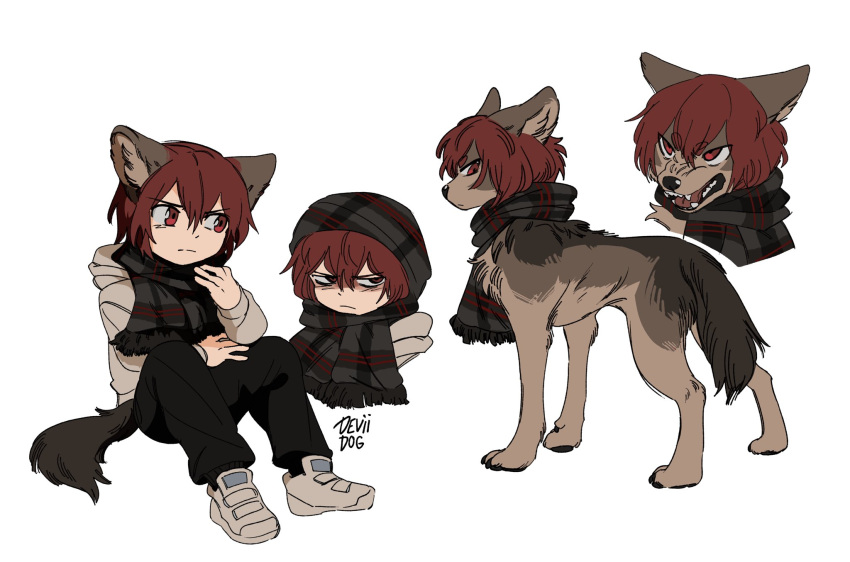 1boy animal animal_ears animalization artist_name black_pants black_scarf child closed_mouth deviidog0 full_body highres hood hood_down hooded_jacket jacket looking_to_the_side male_focus multiple_views original pants red_eyes red_hair scarf shoes short_hair simple_background sitting sneakers tail white_background wolf wolf_boy wolf_ears wolf_tail