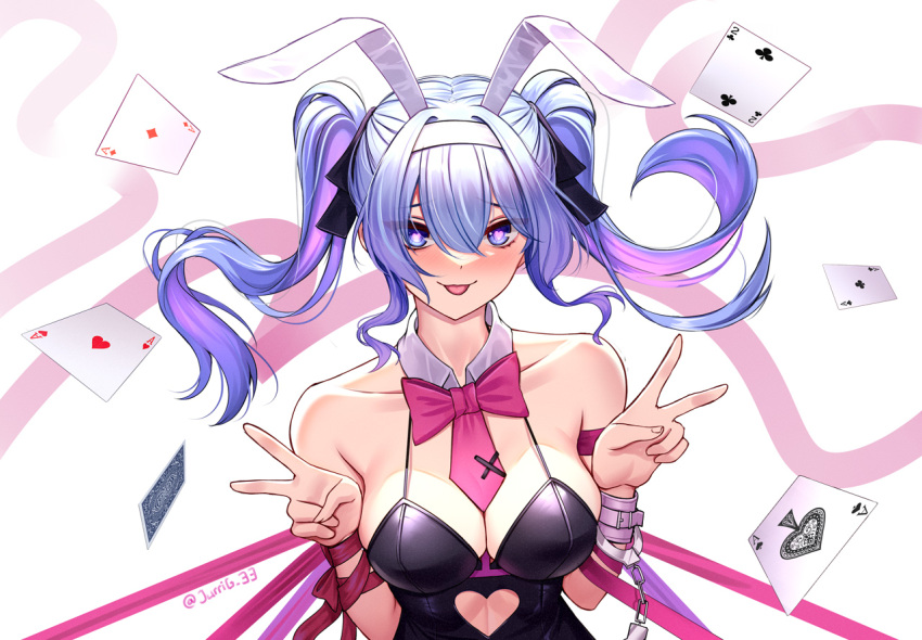 1girl ace_(playing_card) ace_of_clubs ace_of_diamonds ace_of_hearts ace_of_spades animal_ears bare_shoulders black_leotard black_ribbon blue_eyes blue_hair blunt_bangs blurry blurry_background bow bowtie breasts card cleavage clothing_cutout club_(shape) collar cuffs cutout_above_navel detached_collar diamond_(shape) double_v hair_between_eyes hairband handcuffs hatsune_miku heart heart-shaped_pupils heart_cutout jurrig large_breasts leotard long_hair multicolored_hair necktie parted_bangs pink_bow pink_bowtie pink_hair pink_necktie pink_pupils playing_card purple_ribbon rabbit_ears rabbit_hole_(vocaloid) restrained ribbon solo spade_(shape) spaghetti_strap streaked_hair symbol-shaped_pupils tongue tongue_out twintails two-tone_hair two_of_spades v vocaloid white_background white_hairband