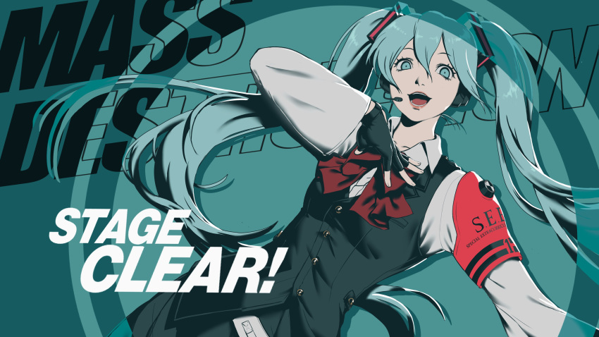 1girl absurdres all-out_attack alternate_costume aqua_background aqua_eyes aqua_hair aqua_theme armband belt black_gloves black_skirt black_vest bow bowtie collared_shirt english_text fingerless_gloves floating_hair gloves hair_ornament hatsune_miku headphones headset highres long_hair open_mouth parody persona persona_3 persona_3_reload red_armband red_bow red_bowtie s.e.e.s seraph_(sera_phiel) shirt skirt solo style_parody twintails very_long_hair vest vocaloid white_belt white_shirt wide_sleeves