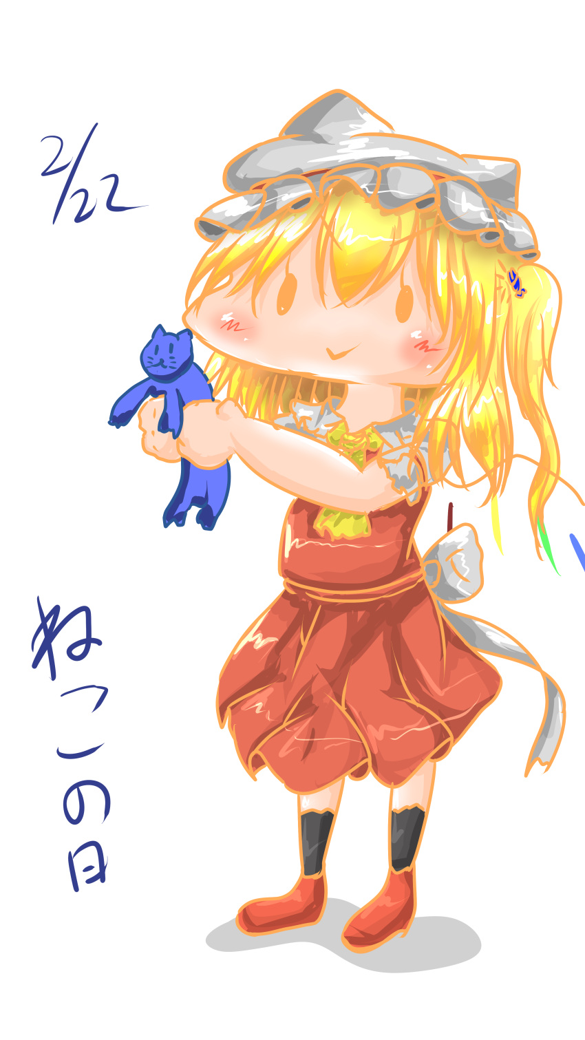 1girl :&gt; absurdres animal ascot back_bow black_socks blue_cat blush bow cat cat_day chibi closed_mouth collared_shirt commentary_request flandre_scarlet full_body hair_between_eyes hat highres holding holding_animal holding_cat kuromadousi_(hurakon1127) light_smile medium_hair mob_cap one_side_up red_footwear red_skirt red_vest shirt simple_background skirt skirt_set socks solid_oval_eyes solo standing touhou v-shaped_eyebrows vest white_background white_bow white_hat white_shirt yellow_ascot