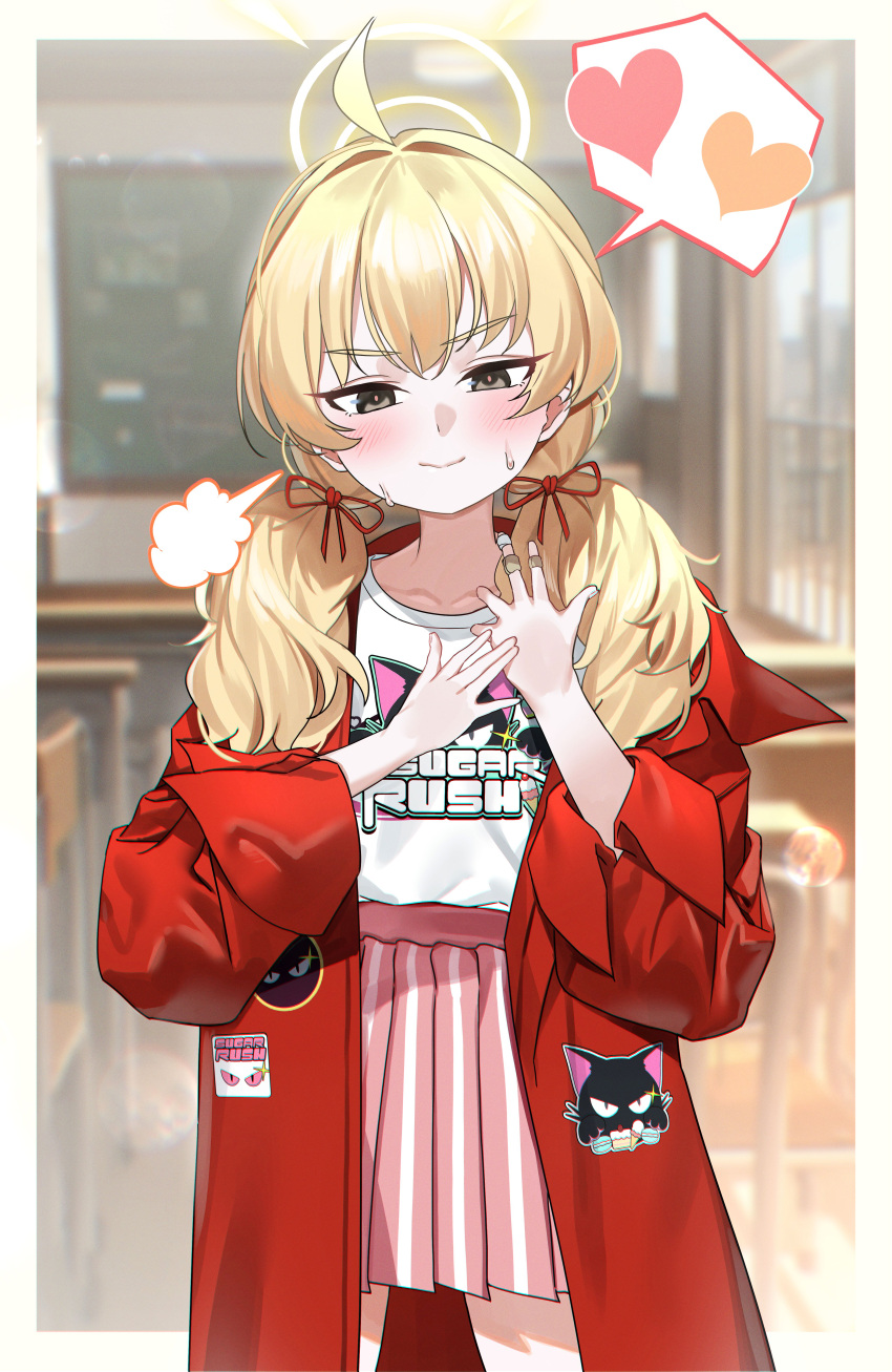 1girl :&gt; absurdres ahoge blonde_hair blue_archive blurry blurry_background blush brown_eyes closed_mouth commentary_request hair_ribbon halo heart highres jacket joacy korean_commentary logo looking_ahead low_twintails official_alternate_costume official_alternate_hairstyle open_clothes open_jacket pink_skirt pleated_skirt print_shirt red_jacket red_ribbon ribbon shirt shirt_tucked_in skirt solo spoken_heart sweat twintails white_shirt yellow_halo yoshimi_(band)_(blue_archive) yoshimi_(blue_archive)