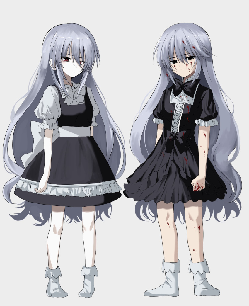 1boy 1girl arms_at_sides back_bow black_bow black_dress black_eyes black_socks blood blood_in_hair blood_on_clothes blood_on_face bow brother_and_sister clenched_hand closed_mouth dress expressionless eyes_visible_through_hair frilled_sleeves frills grey_hair grisaia_(series) grisaia_no_meikyuu hair_between_eyes half-closed_eyes highres kasukasugom1 kazami_kazuki kazami_yuuji long_hair look-alike no_shoes otoko_no_ko puffy_short_sleeves puffy_sleeves red_eyes shirt short_dress short_sleeves siblings side-by-side sidelocks simple_background sleeveless sleeveless_dress socks split_mouth spoilers standing very_long_hair wavy_hair white_background white_bow white_shirt