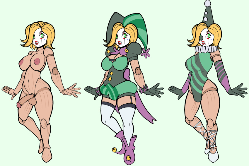 animate_inanimate armwear ballerina_shoes blonde_hair breasts clothing clown_makeup doll elbow_gloves flat_colors fours_(artist) genitals gloves green_eyes gynomorph hair handwear hi_res humanoid intersex jester_outfit leotard living_doll penis reference_image solo tan_body