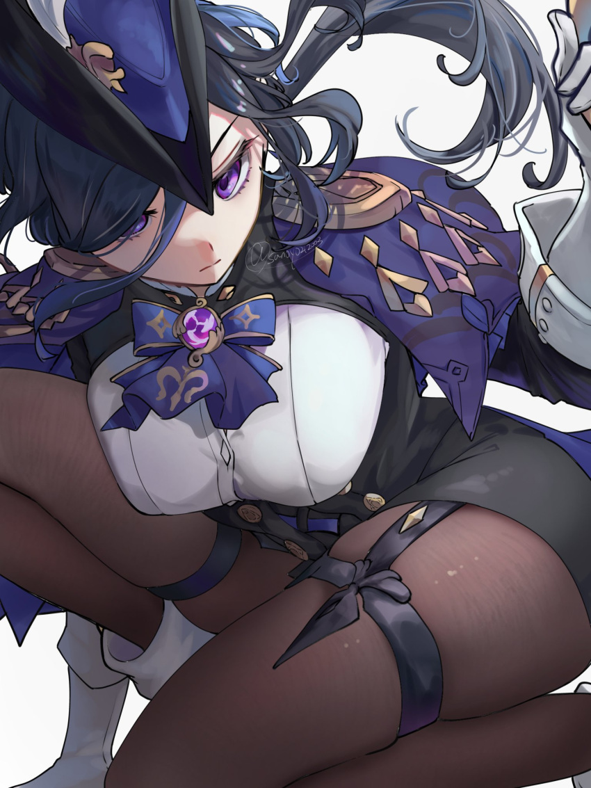 1girl ascot black_hair blue_hair breast_press breasts clorinde_(genshin_impact) corset genshin_impact gloves hat highres jewelry kneeling large_breasts long_hair pantyhose purple_eyes sakura_no_yoru serious shirt solo tricorne very_long_hair white_gloves white_shirt