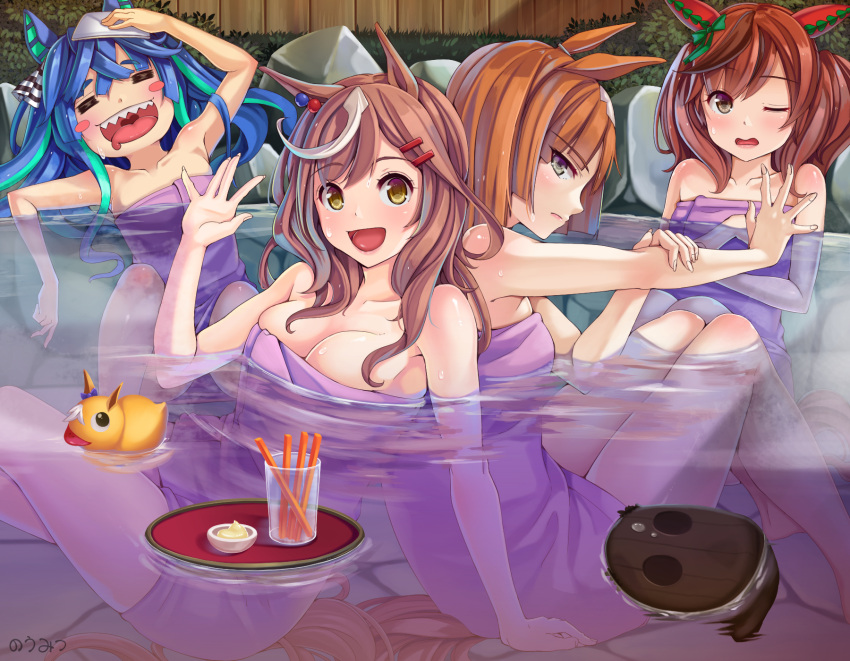 4girls =_= animal_ears aqua_hair arm_up balaclava bathing blue_hair blunt_ends bob_cut bow breasts brown_eyes bush carrot_sticks cleavage closed_eyes closed_mouth collarbone commentary_request crossed_bangs cup drooling ear_covers ear_ornament grey_eyes hair_bow hair_down hair_ornament hairclip hand_on_own_chest hand_up highres horse_ears horse_girl horse_tail ikuno_dictus_(umamusume) knees_up leaning_back leaning_on_person light_brown_hair long_hair looking_at_viewer matikane_tannhauser_(umamusume) medium_breasts mouth_drool multicolored_hair multiple_girls naked_towel nice_nature_(umamusume) objectification one_eye_closed onsen open_mouth orange_hair outdoors outstretched_arm partially_submerged pink_towel plate red_hair rock rubber_duck sharp_teeth sidelocks sideways_glance sitting small_breasts special_week_(umamusume) streaked_hair striped_bow sweat tail teeth towel tsumiki_kuzushi twin_turbo_(umamusume) two-tone_hair umamusume unworn_headwear upper_teeth_only water yellow_eyes