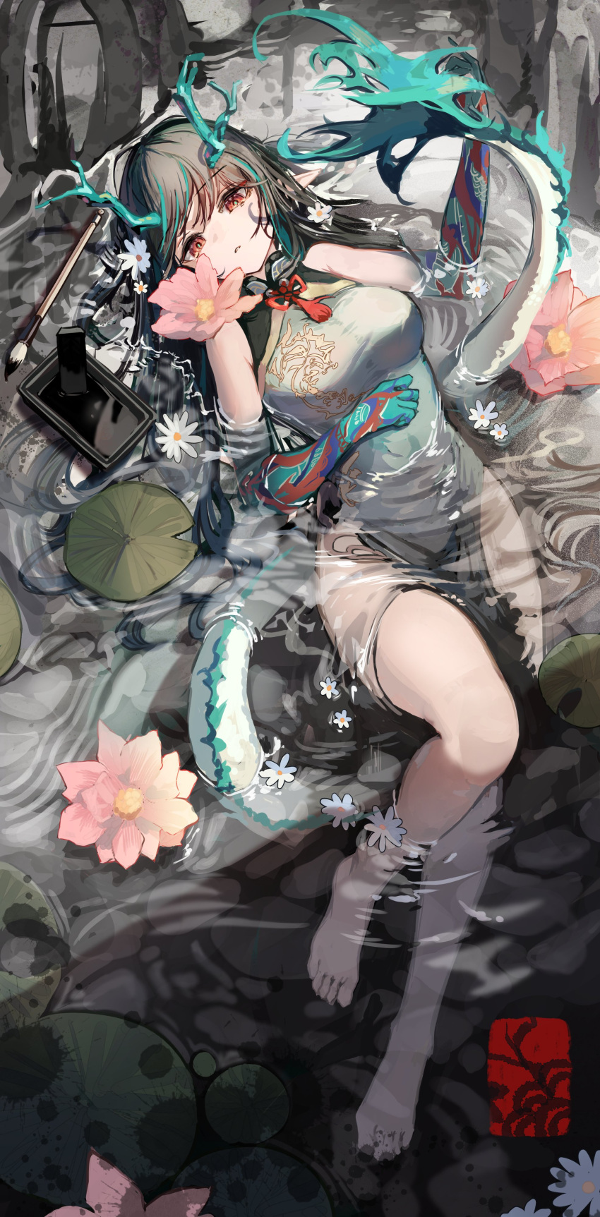 1girl absurdres aqua_dress aqua_horns arknights bare_shoulders black_hair calligraphy_brush colored_skin dragon_girl dragon_horns dragon_tail dress dusk_(arknights) flower hashtag-only_commentary highres horns iasimo knee_up lily_pad looking_ahead lying on_back paintbrush pink_flower pointy_ears red_eyes shallow_water sleeveless sleeveless_dress solo tail water