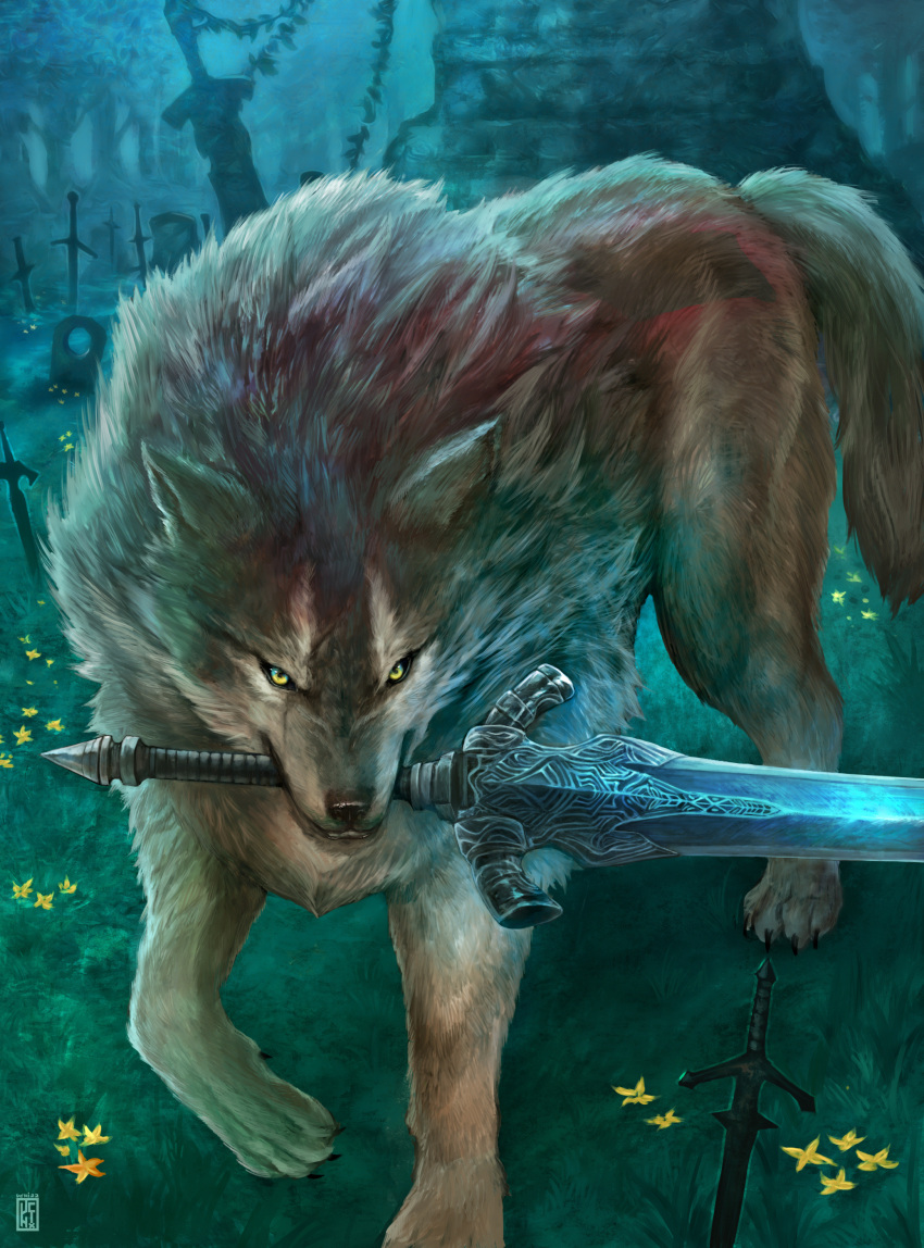 absurdres animal claws dark_souls_(series) dark_souls_i field_of_blades flower forest grass graveyard great_grey_wolf_sif greatsword grey_fur highres nature no_humans outdoors oversized_animal planted planted_sword scar scar_across_eye snout sword tail tree uchi_vs_the_world watermark weapon weapon_in_mouth wolf yellow_eyes