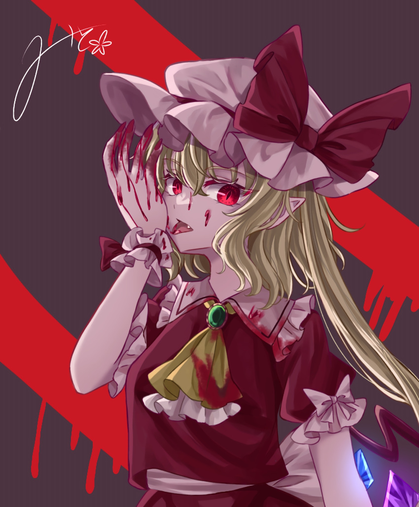 1girl ascot blonde_hair blood blood_on_clothes blood_on_face blood_on_hands bow commentary crystal fang flandre_day flandre_scarlet green_brooch hat hat_bow highres licking licking_hand looking_at_viewer mito_(fate) mob_cap multicolored_wings open_mouth pointy_ears red_bow red_eyes red_vest short_sleeves side_ponytail signature sleeve_bow slit_pupils tongue tongue_out touhou vampire vest white_bow white_hat wings yellow_ascot
