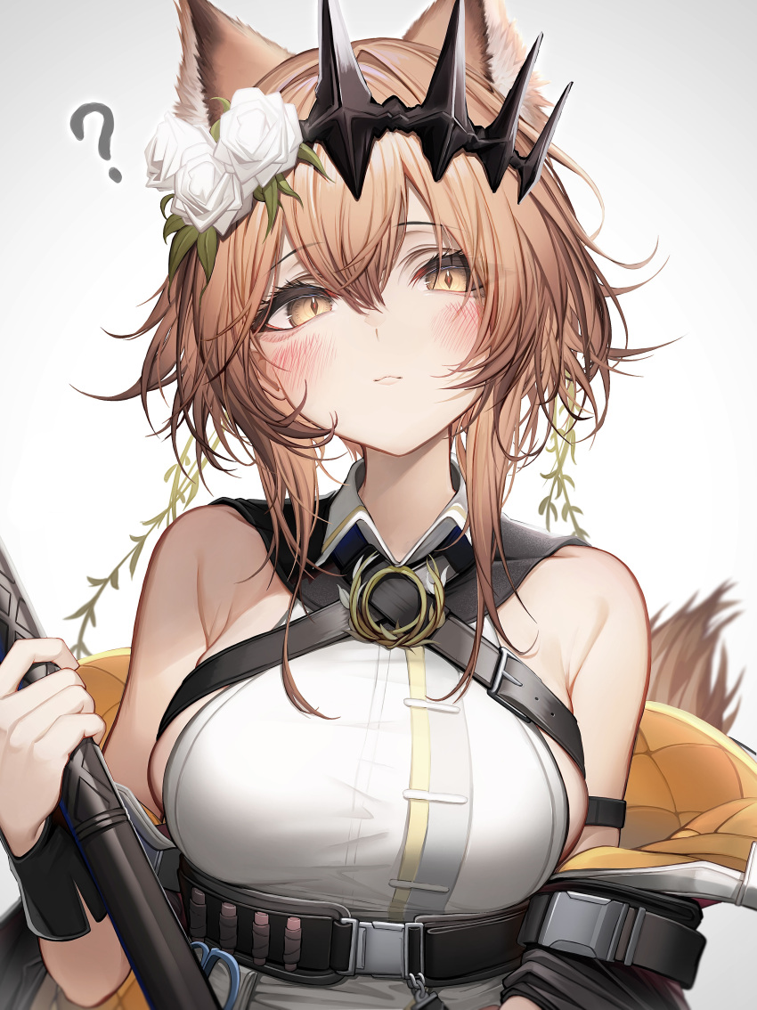 1girl ? absurdres animal_ears arknights armpit_crease bare_shoulders black_jacket black_tiara blush breasts brown_eyes brown_hair cat_ears cat_girl chest_strap closed_mouth collared_shirt commentary_request double-parted_bangs flower hair_between_eyes hair_flower hair_ornament highres holding holding_polearm holding_weapon jacket large_breasts looking_at_viewer off_shoulder polearm rose shirt short_hair_with_long_locks sideboob simple_background slit_pupils solo tab_head tiara upper_body vendela_(arknights) weapon white_background white_flower white_rose white_shirt