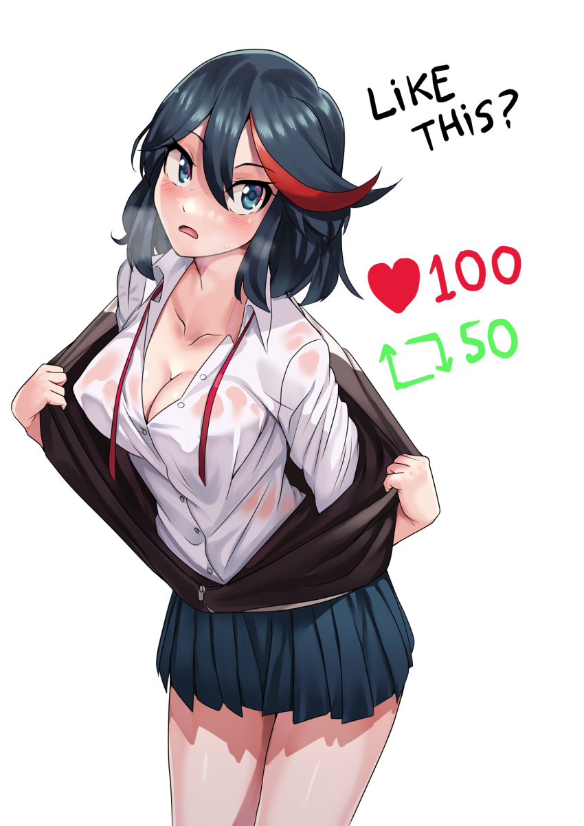 1girl black_hair black_jacket blue_skirt blush bob_cut breasts cleavage collarbone commentary cowboy_shot english_commentary english_text hair_between_eyes heart highres jacket kill_la_kill like_and_retweet long_sleeves looking_at_viewer looking_to_the_side matoi_ryuuko medium_breasts meme multicolored_clothes multicolored_hair multicolored_jacket neck_ribbon nico-mo open_mouth opened_by_self partially_unbuttoned pleated_skirt red_hair red_ribbon ribbon school_uniform shirt short_hair simple_background skirt solo standing streaked_hair sweat twitter_strip_game_(meme) two-tone_hair two-tone_jacket undone_neck_ribbon undressing unzipped wet wet_clothes wet_shirt white_background white_jacket white_shirt