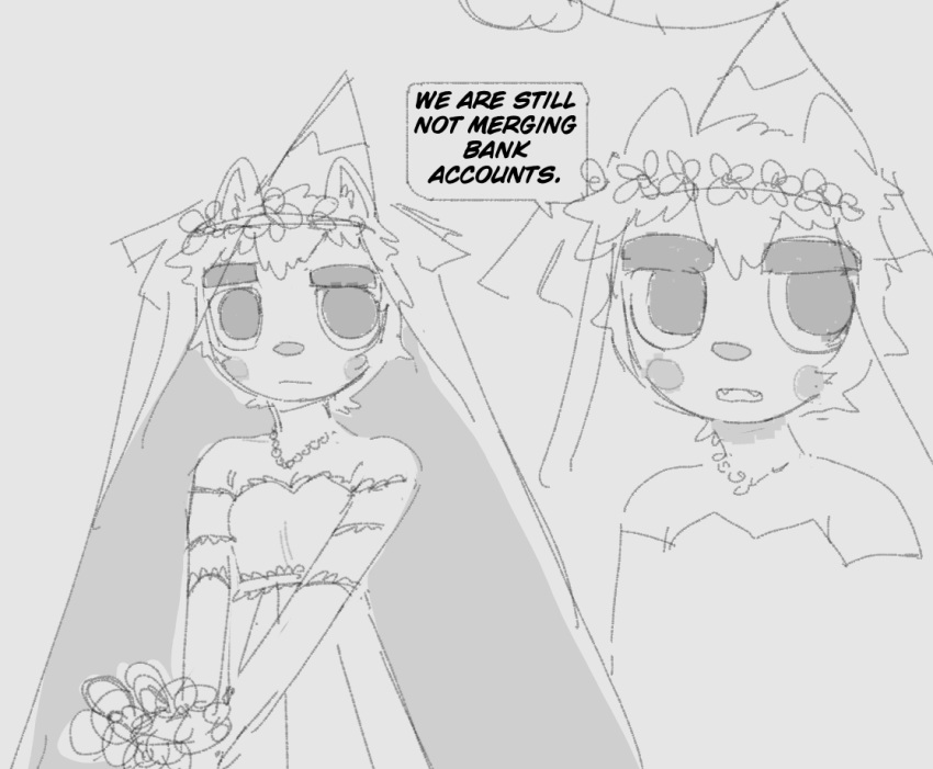 2023 anthro blush bouquet breasts bride cartoon_network clothed clothing dialogue digital_drawing_(artwork) digital_media_(artwork) dogmasque9999 dress english_text eulipotyphlan eyebrows female female_anthro flower flower_crown grey_background greyscale hair hat headgear headwear hedgehog hedgehog's_mom_(summer_camp_island) holding_bouquet holding_flower holding_object looking_at_viewer mammal monochrome open_mouth plant simple_background sketch small_breasts solo speech_bubble summer_camp_island text thick_eyebrows veil wedding_dress
