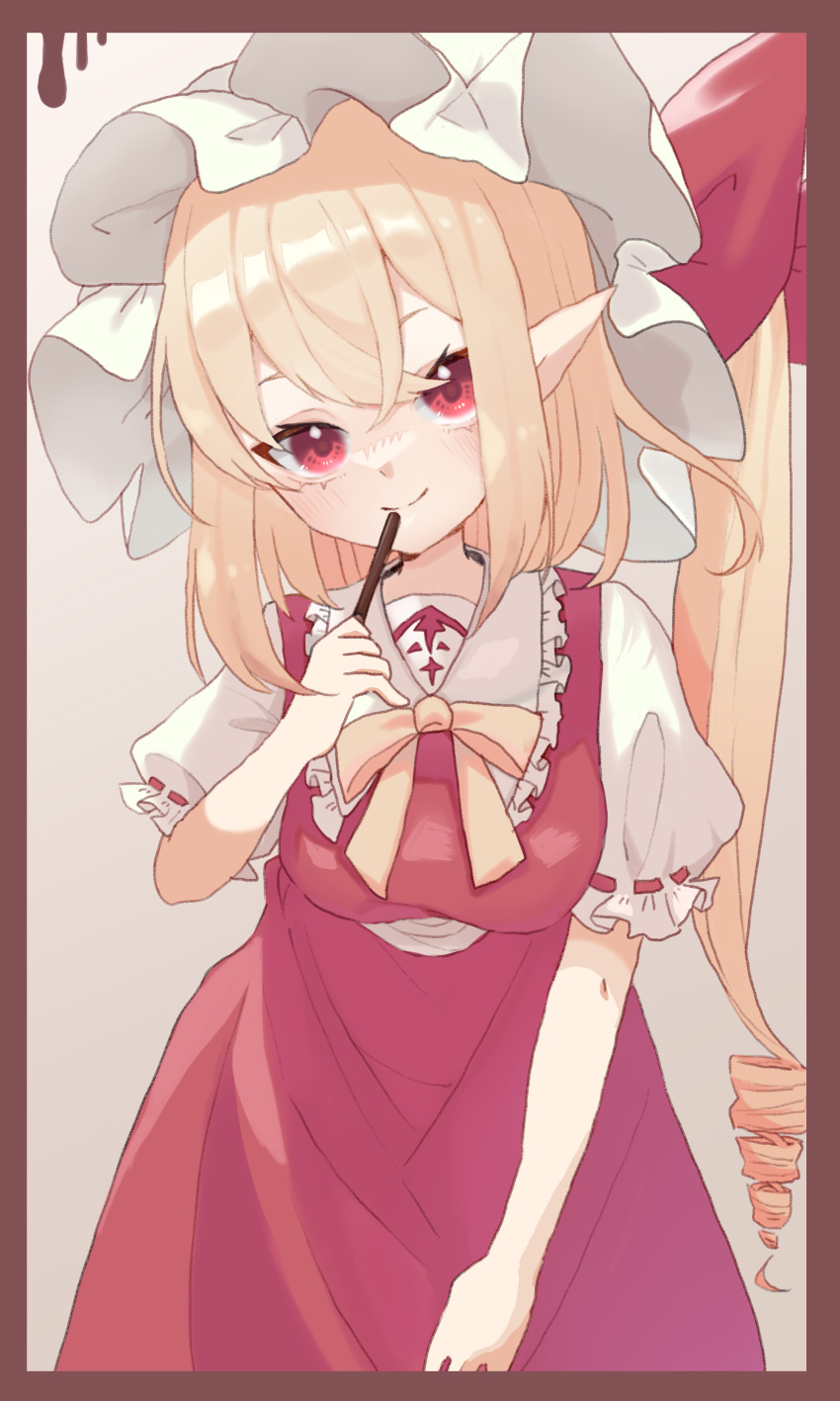 1girl absurdres aporro622 blonde_hair border breasts commentary_request cowboy_shot flandre_scarlet frilled_hat frilled_shirt_collar frilled_sleeves frills gradient_background hair_between_eyes hat head_tilt highres light_blush long_hair looking_at_viewer neck_ribbon pocky_day pointy_ears ponytail puffy_short_sleeves puffy_sleeves red_eyes red_ribbon red_skirt red_vest ribbon ribbon-trimmed_sleeves ribbon_trim shirt short_sleeves skirt small_breasts smile solo touhou vest white_hat white_shirt yellow_ribbon