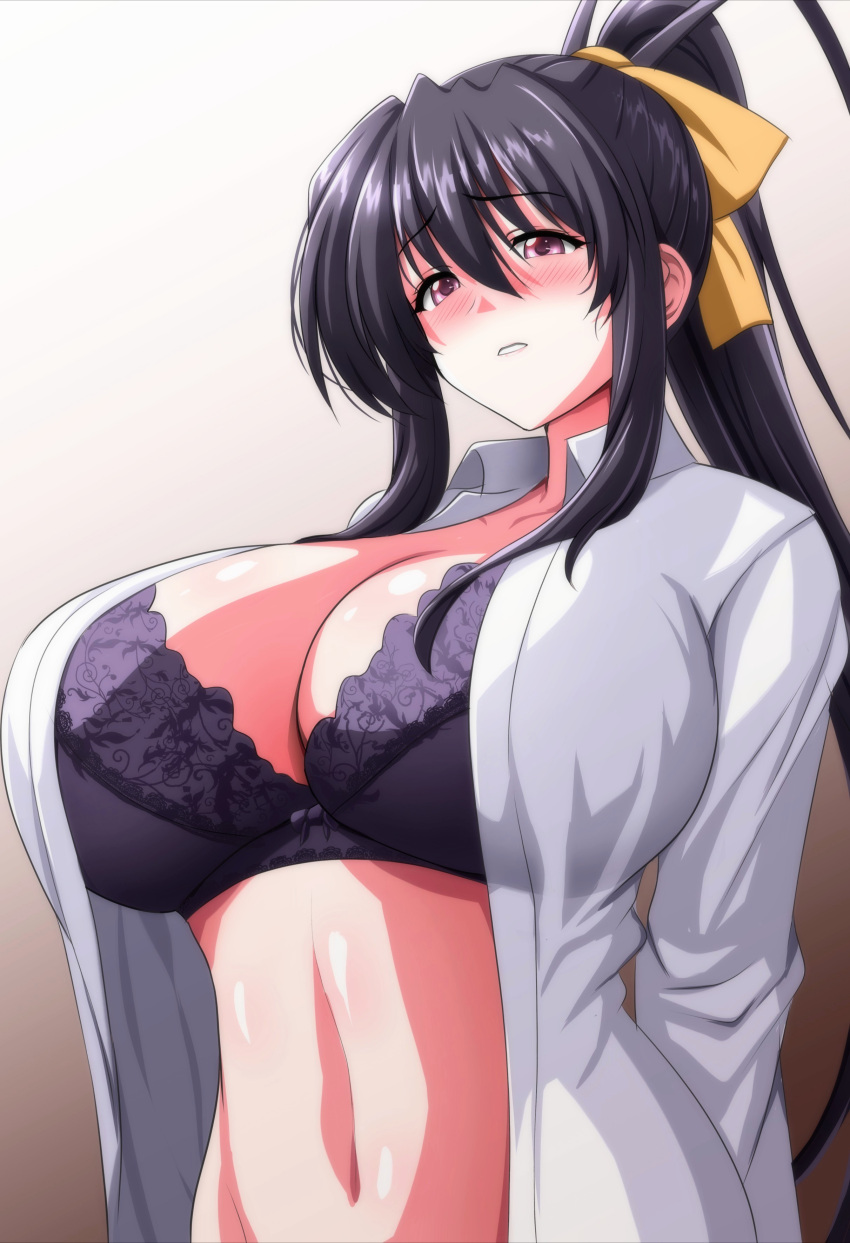 1girl absurdres arms_behind_back black_bra black_hair blush bra breasts brown_background brown_eyes cleavage collarbone collared_shirt commentary_request dress_shirt gradient_background hair_between_eyes high_school_dxd highres himejima_akeno lace-trimmed_bra lace_trim large_breasts long_hair long_sleeves looking_at_viewer navel open_clothes open_shirt parted_lips ponytail shirt sidelocks simple_background solo steam_erobou underwear upper_body white_background white_shirt