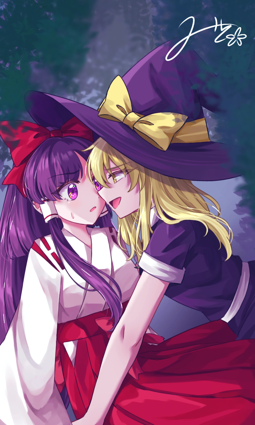 2girls blonde_hair bow dress eye_contact hair_bow hair_tubes hakama hakurei_reimu hakurei_reimu_(pc-98) hat hat_bow highres japanese_clothes kirisame_marisa kirisame_marisa_(pc-98) long_hair long_sleeves looking_at_another miko mito_(fate) multiple_girls open_mouth purple_dress purple_eyes purple_hair purple_hat red_bow red_hakama short_sleeves signature smile sweatdrop touhou touhou_(pc-98) witch_hat yellow_bow yellow_eyes yuri