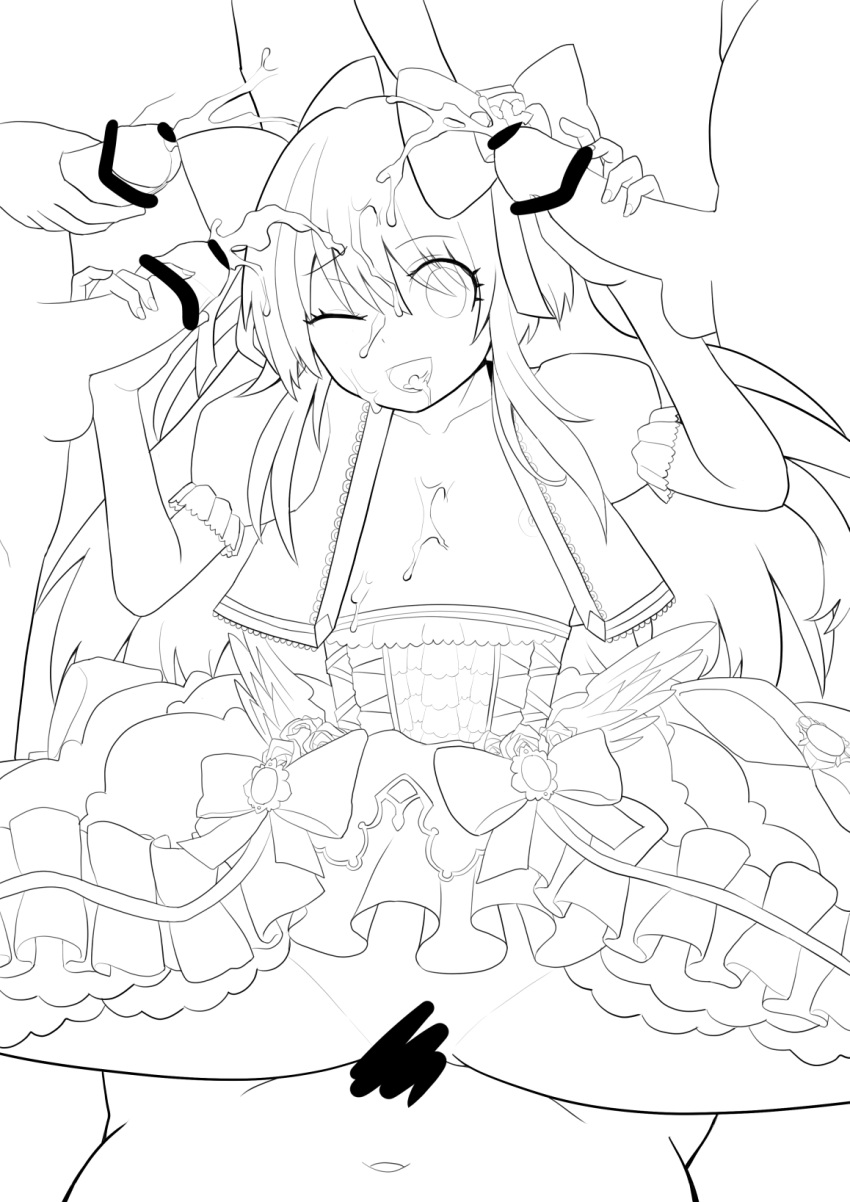 1girl 5boys censored chaos_marie_(grimms_notes) collarbone cowgirl_position cum cum_in_mouth cum_on_chest double_handjob dress flower frills gouhourairaku_(goohourairaku) grimms_notes group_sex hair_ribbon handjob highres lineart long_hair mosaic_censoring multicolored_hair multiple_boys nipples one_eye_closed open_clothes penis puffy_sleeves red_flower red_rose ribbon rose sex simple_background solo_focus straddling surrounded_by_penises unfinished vaginal wings