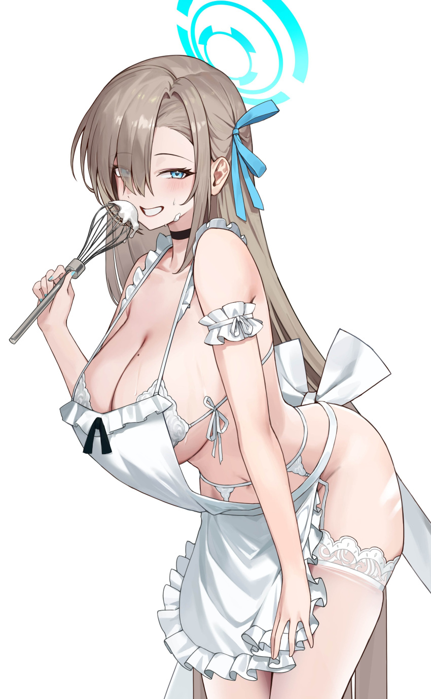 1girl absurdres apron asuna_(blue_archive) black_choker blue_archive blue_eyes blue_halo blue_ribbon blush bottomless bra breasts choker cleavage commentary cream frilled_apron frills garter_belt halo hidikan highres holding holding_whisk large_breasts leaning_forward light_brown_hair long_hair looking_at_viewer mole mole_on_breast navel ribbon simple_background smile solo symbol-only_commentary thighhighs underwear upper_body wet whisk white_apron white_background white_bra white_garter_belt white_thighhighs