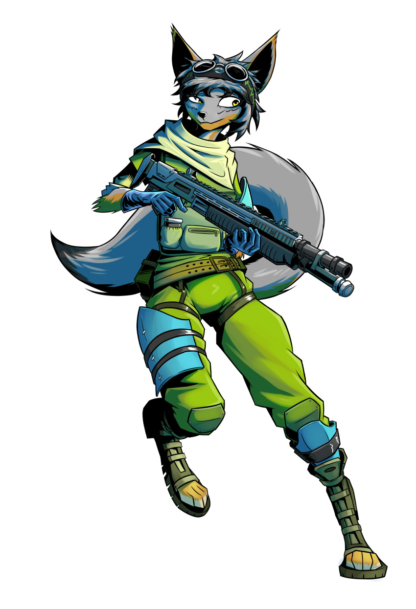 absurd_res anthro belt canid canine clothing eyewear female fox fur gatonejo grey_body grey_fur gun hair hi_res krolic_(gatonejo) long_tail looking_at_viewer mammal ranged_weapon scarf short_hair shotgun solo sunglasses tail uniform weapon yellow_eyes