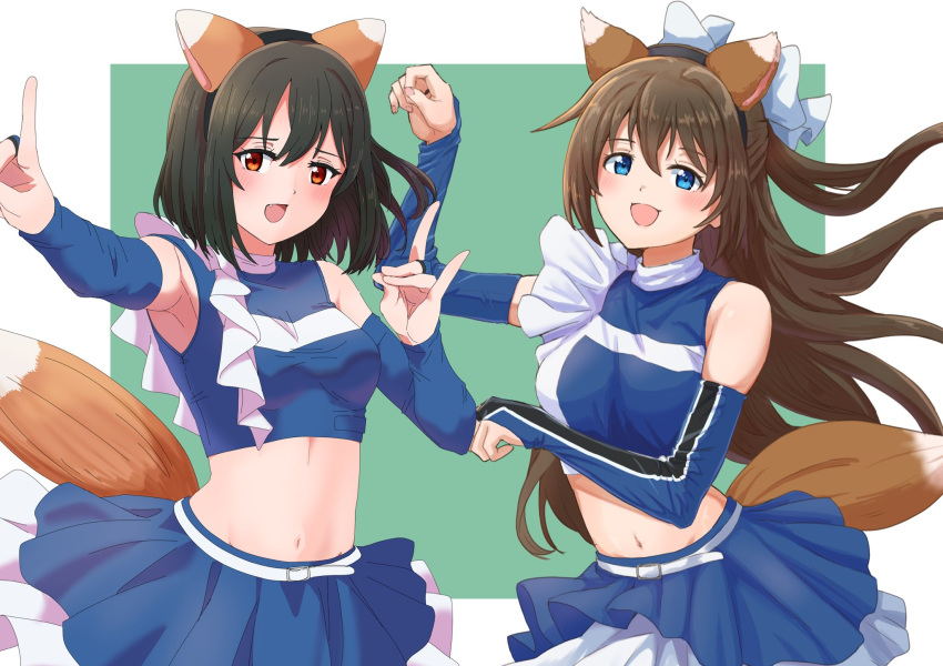 2girls animal_ears armpits asymmetrical_clothes black_hair blue_eyes blue_shirt blue_skirt blue_sleeves border breasts brown_hair commentary_request cropped_shirt detached_sleeves fake_animal_ears fox_ears fox_shadow_puppet fox_tail frilled_shirt frills green_background hair_between_eyes highres long_hair looking_at_viewer love_live! love_live!_nijigasaki_high_school_idol_club medium_breasts midriff mifune_shioriko multiple_girls navel open_mouth osaka_shizuku outside_border paw_pose pleated_skirt red_eyes shirt short_hair sidelocks skirt tail taiyakippassion upper_body white_border