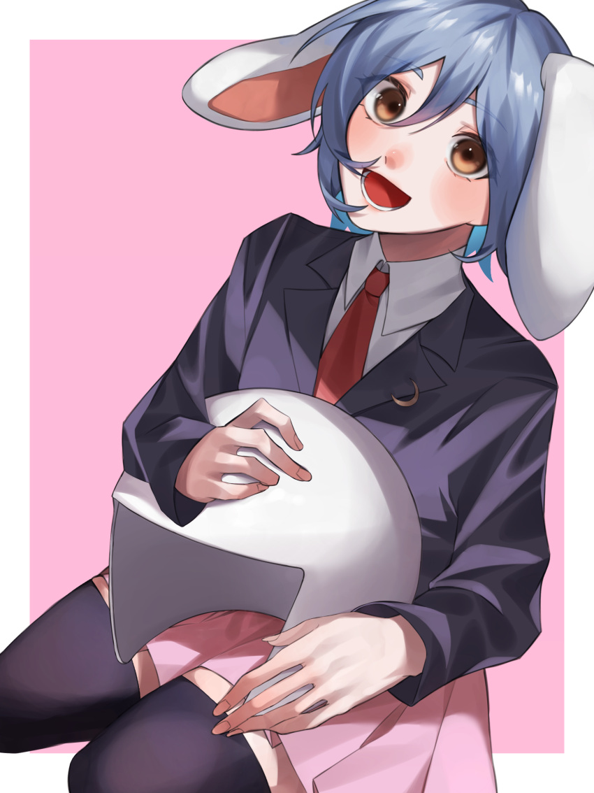 1girl :d absurdres animal_ears black_jacket black_thighhighs blazer blue_hair blush breasts brown_eyes collared_shirt commentary_request crescent crescent_pin dutch_angle fingernails full_body hair_between_eyes helmet highres holding holding_helmet jacket long_bangs long_sleeves looking_at_viewer lower_teeth_only nasu1225 necktie open_mouth pink_background pink_skirt pleated_skirt rabbit_ears rabbit_girl red_necktie reisen_(touhou_bougetsushou) seiza shirt short_hair simple_background sitting skirt small_breasts smile solo teeth thighhighs touhou two-tone_background white_background white_shirt