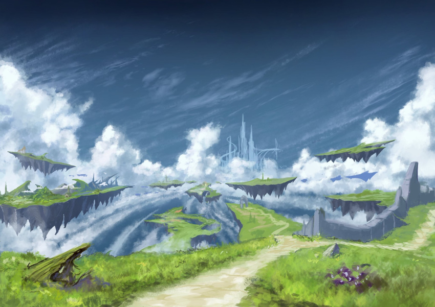 cloud concept_art day floating_island granblue_fantasy highres landscape no_humans outdoors road ruins scenery sky soraciel