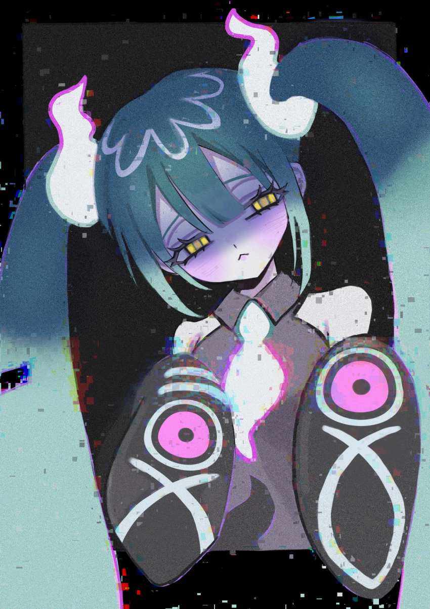 1girl :&lt; bad_id bad_twitter_id bare_shoulders black_background black_border black_sleeves blue_hair blush border collared_shirt cropped_torso detached_sleeves ghost_miku_(project_voltage) ghost_pose glitch grey_shirt half-closed_eyes hatsune_miku head_tilt highres long_hair looking_at_viewer necktie outside_border pink_necktie pokemon project_voltage shiona_(siona0625) shirt sleeveless sleeveless_shirt solo twintails upper_body vocaloid yellow_eyes