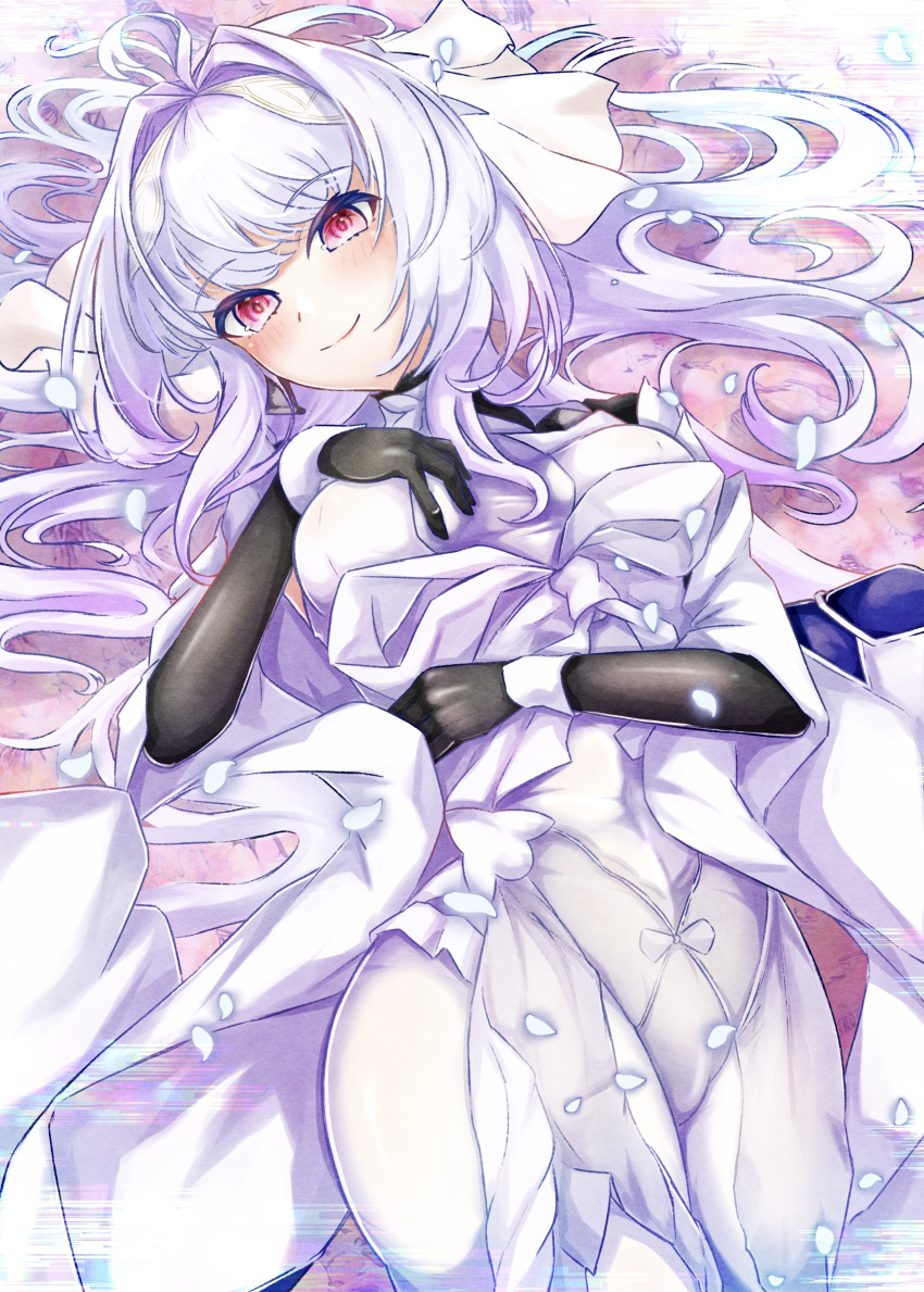 1girl absurdres ahoge black_gloves braid breasts dress elbow_gloves fate/grand_order fate_(series) gloves hair_ribbon highres lady_avalon_(fate) lady_avalon_(third_ascension)_(fate) long_hair long_sleeves looking_at_viewer lying medium_breasts merlin_(fate/prototype) okanda on_back pantyhose pointy_ears purple_eyes ribbon smile solo thighs very_long_hair white_dress white_hair white_pantyhose