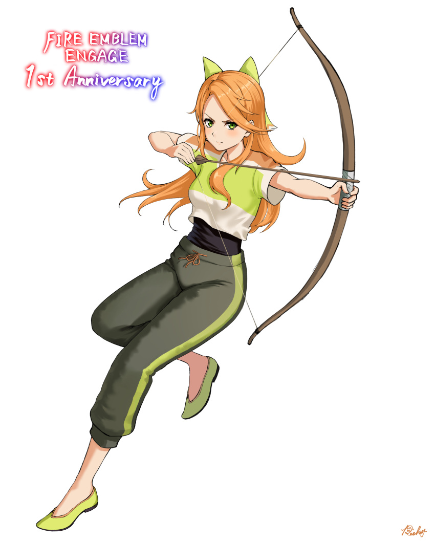 1girl absurdres aiming anniversary arrow_(projectile) black_shirt bow bow_(weapon) crop_top etie_(fire_emblem) fire_emblem fire_emblem_engage full_body green_bow green_eyes green_footwear green_shirt highres holding holding_arrow holding_bow_(weapon) holding_weapon orange_hair ricky_(haye4843) shirt solo swept_bangs training_outfit_(fire_emblem_engage) weapon workout_clothes