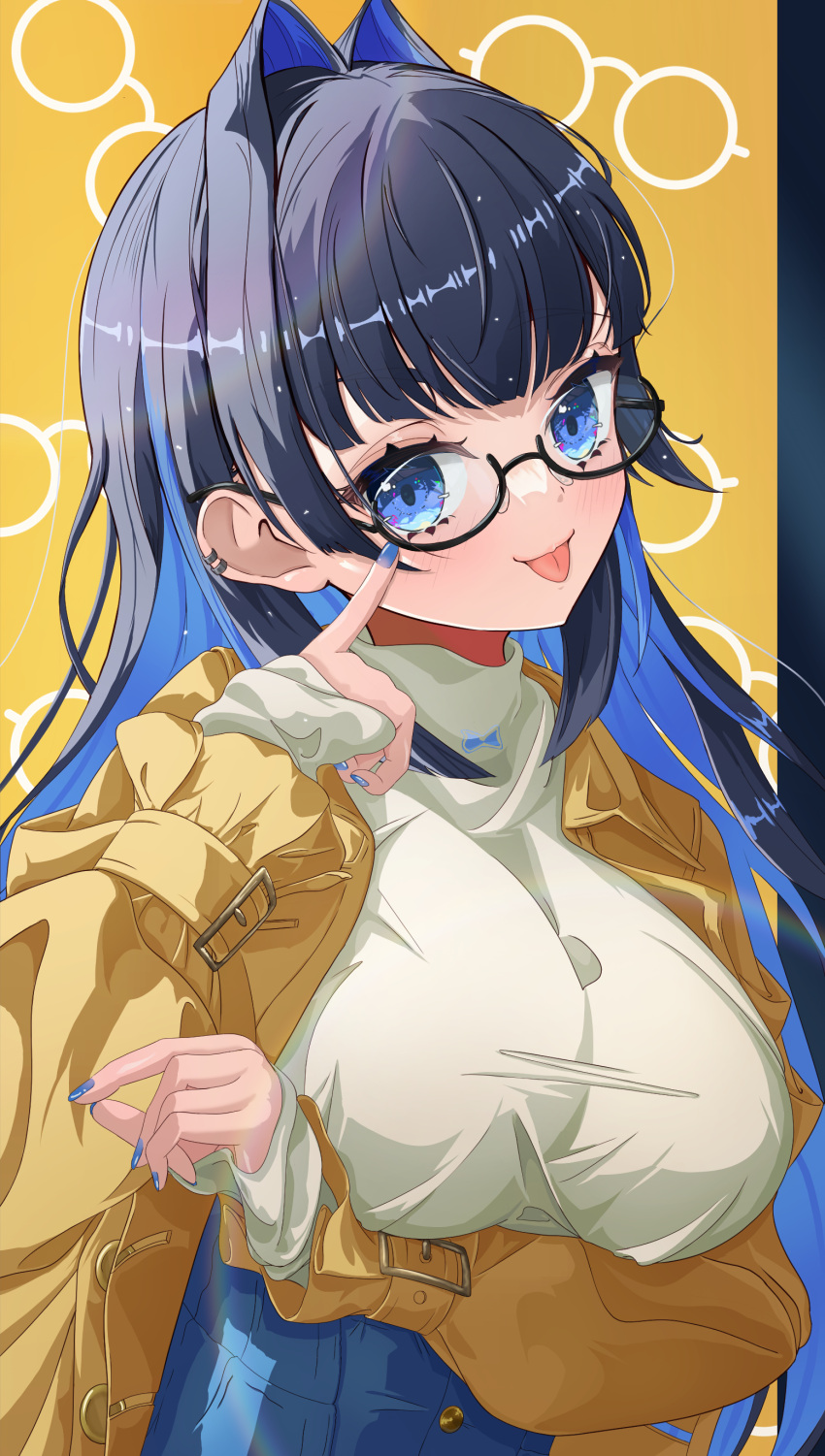 1girl :p absurdres akanbe black_hair blue_eyes blue_hair blue_nails blue_pants blunt_bangs breasts brown_coat coat colored_inner_hair commentary denim ear_piercing eyelid_pull glasses hair_intakes high-waist_pants highres hololive hololive_english index_finger_raised itsuki_(itsukii_en) jeans large_breasts long_hair long_sleeves looking_at_viewer multicolored_hair nail_polish official_alternate_costume official_alternate_hair_length official_alternate_hairstyle ouro_kronii ouro_kronii_(casual) pants piercing shirt sidelocks solo taut_clothes taut_shirt tongue tongue_out trench_coat turtleneck turtleneck_shirt upper_body virtual_youtuber white_shirt