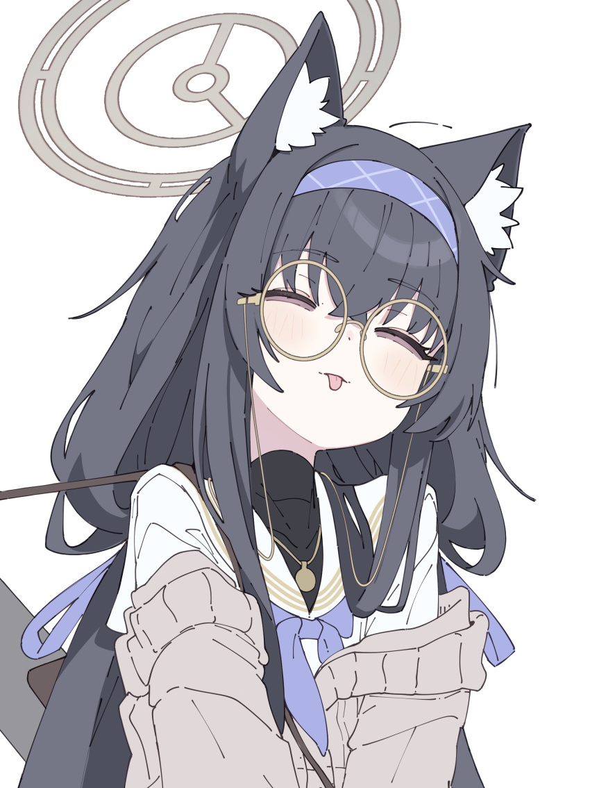 1girl :p absurdres animal_ears black_hair black_shirt blue_archive blue_hairband blue_neckerchief blush cardigan cat_ears cat_girl closed_eyes closed_mouth eyewear_strap grey_cardigan hairband halo highres kemonomimi_mode kilabo long_hair long_sleeves neckerchief off_shoulder round_eyewear sailor_collar school_uniform shirt sidelocks simple_background solo tongue tongue_out turtleneck turtleneck_shirt ui_(blue_archive) upper_body white_background white_sailor_collar white_shirt yellow-framed_eyewear