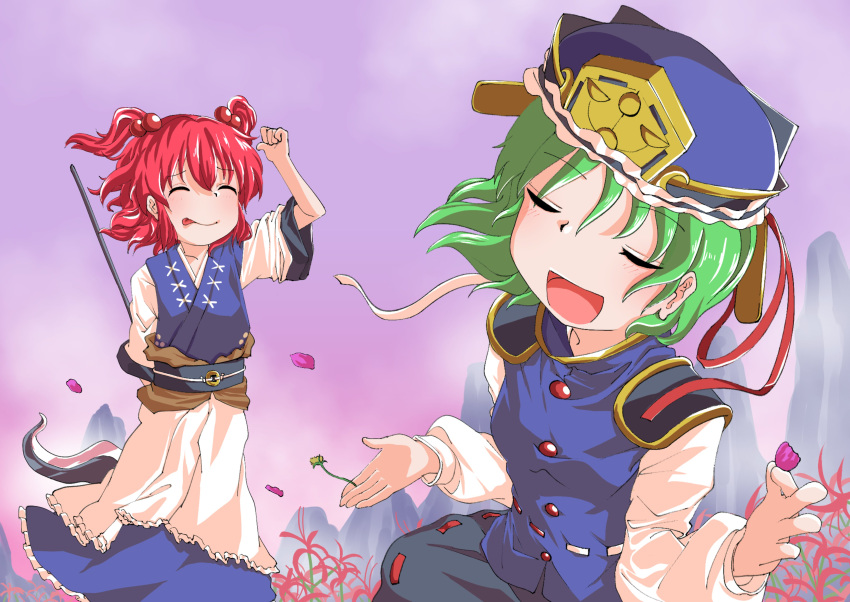 2girls :d :p absurdres arm_up black_skirt blue_dress blue_vest brown_sash buttons closed_eyes coin coin_on_string dress flower fog frilled_hat frills green_hair hair_bobbles hair_ornament hat highres holding holding_flower holding_petal holding_scythe iruka_no_hito light_blush long_sleeves mountain multiple_girls obi obidome onozuka_komachi outdoors petals red_hair red_ribbon ribbon ribbon-trimmed_skirt ribbon-trimmed_vest ribbon_trim sash scythe shiki_eiki short_hair short_sleeves skirt smile spider_lily tongue tongue_out touhou two_side_up vest white_ribbon