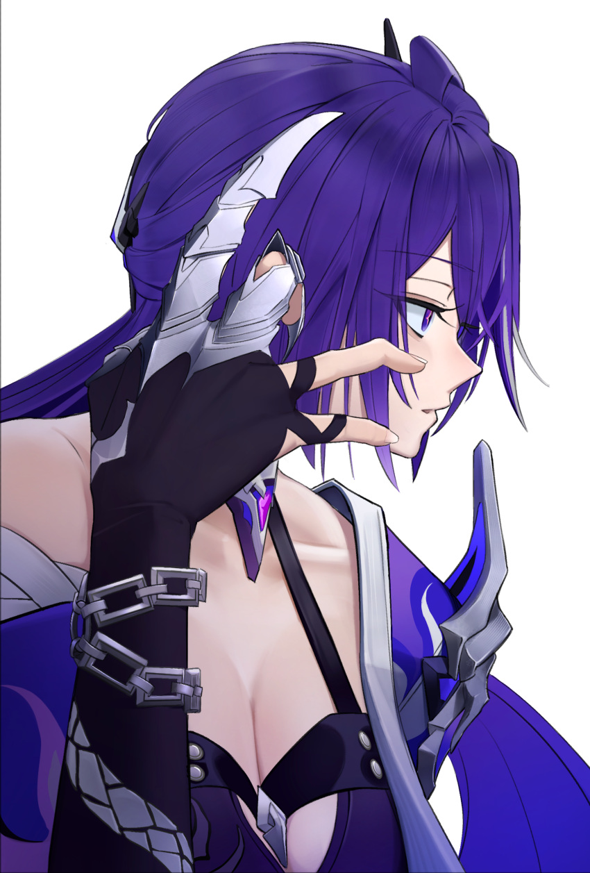 1girl absurdres acheron_(honkai:_star_rail) bandaged_arm bandages black_gloves breasts chain cleavage commentary gloves halterneck hand_up highres honkai:_star_rail honkai_(series) long_hair mal_(malqsm) profile purple_eyes purple_hair simple_background single_bare_shoulder solo upper_body white_background
