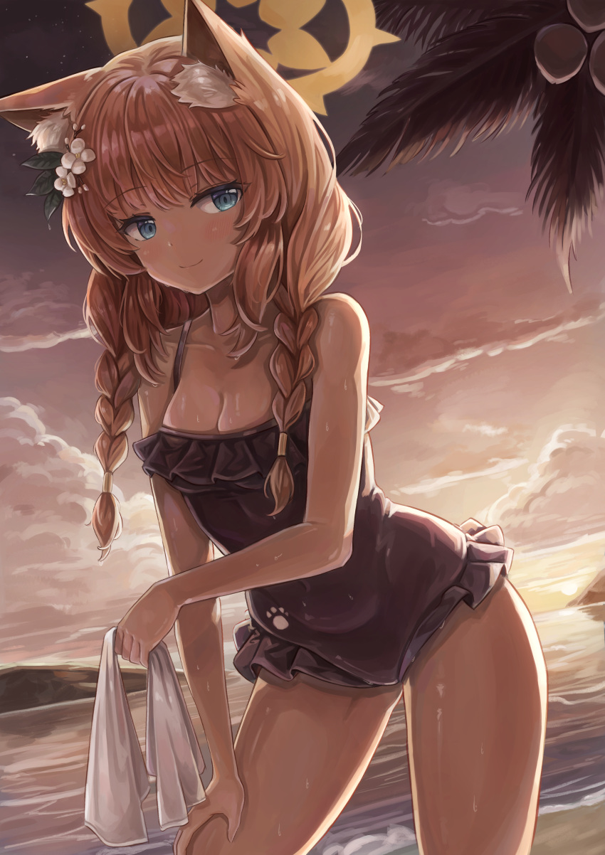 1girl absurdres animal_ear_fluff animal_ears blue_archive blue_eyes breasts cleavage closed_mouth flower hair_flower hair_ornament halo highres looking_at_viewer mari_(blue_archive) mari_(swimsuit)_(blue_archive) medium_breasts ocean official_alternate_costume osom9525 outdoors palm_tree smile solo standing swimsuit thighs tree wet white_flower yellow_halo