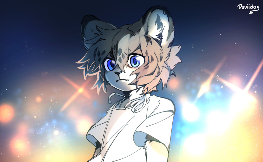 1boy animal_ear_fluff animal_ears artist_name blue_eyes body_fur child closed_mouth commentary deviidog0 furrification furry furry_male grey_fur grey_hair hair_between_eyes highres lion_boy lion_ears looking_at_viewer male_focus night night_sky original shirt short_eyebrows short_hair short_sleeves sky solo symbol-only_commentary t-shirt upper_body white_fur white_shirt