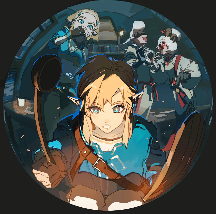 2boys 2girls blonde_hair blue_eyes blue_shirt cooking fisheye highres link multiple_boys multiple_girls pointing pointy_ears pov princess_zelda purah redum4 shirt the_legend_of_zelda the_legend_of_zelda:_tears_of_the_kingdom white_hair