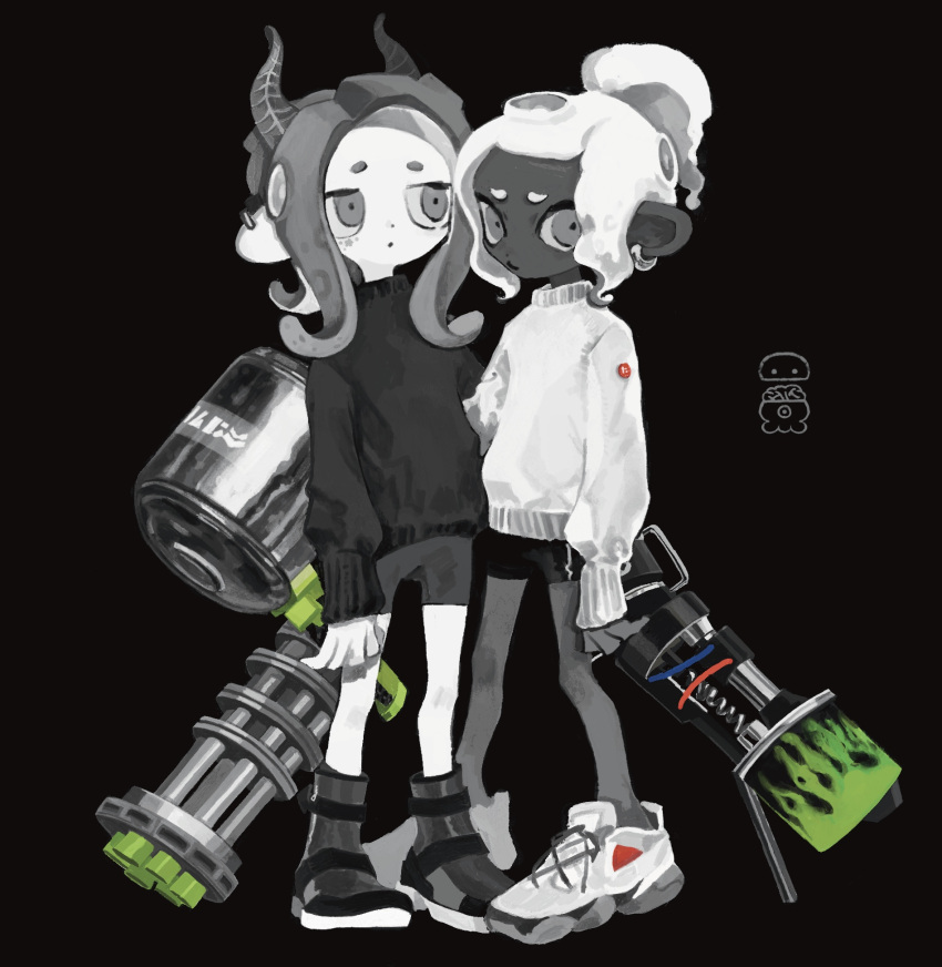 2girls arm_at_side black_ears black_footwear black_shorts black_skin black_sweater brown_background colored_skin cross-laced_footwear demon_horns dot_mouth dot_nose earrings full_body furrowed_brow grey_eyes grey_hair hero_splatling_(splatoon) high_ponytail highres holding holding_weapon hoop_earrings horns jewelry jitome long_hair multiple_girls octoling octoling_girl octoling_player_character range_blaster_(splatoon) shoes short_eyebrows shorts sleeves_past_wrists sneakers splatoon_(series) standing suction_cups sweater takokawayoi tentacle_hair weapon white_footwear white_hair white_skin white_sweater