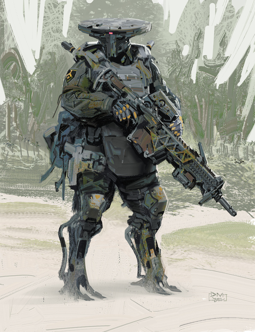 1other armor artificial_eye assault_rifle cyborg daryl_mandryk gun handgun highres holster joints mechanical_legs military original rifle robot_joints science_fiction solo weapon