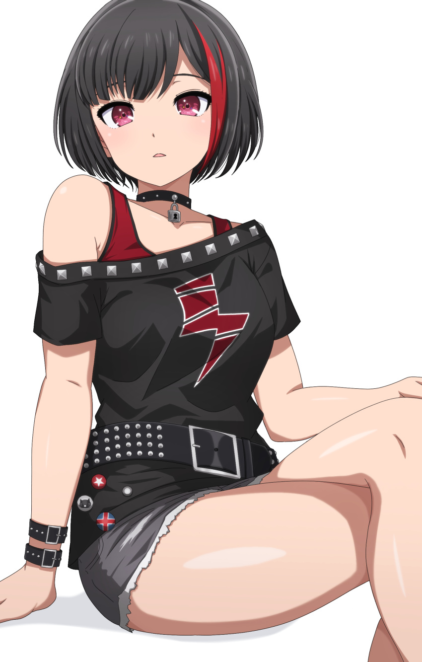 1girl absurdres arm_belt armpit_crease badge bang_dream! bare_shoulders belt belt_buckle black_belt black_collar black_hair black_shirt breasts buckle button_badge collar collarbone commentary_request crossed_legs cutoffs feet_out_of_frame grey_shorts hand_on_own_knee highres light_blush lock looking_at_viewer medium_breasts mitake_ran multicolored_hair noshimurin off-shoulder_shirt off_shoulder padlock padlocked_collar parted_lips pink_eyes print_shirt red_hair red_tank_top shadow shirt short_hair short_shorts shorts simple_background sitting solo star_(symbol) streaked_hair studded_belt studded_collar tank_top two-tone_hair union_jack white_background