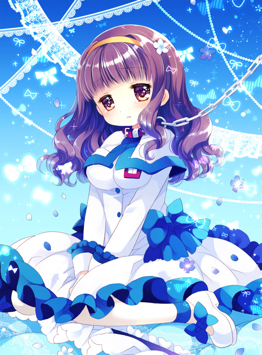 1girl between_legs blue_background blue_bow blush bow breasts brown_eyes brown_hair capelet chain collar commentary_request dress flower frilled_dress frills hair_flower hair_ornament hairband hand_between_legs higanbana_no_saku_yoru_ni highres kusunoki_midori long_hair looking_at_viewer medium_breasts parted_lips pleated_dress red_collar sakurazawa_izumi shoes sitting solo wariza white_capelet white_dress white_flower white_footwear yellow_hairband