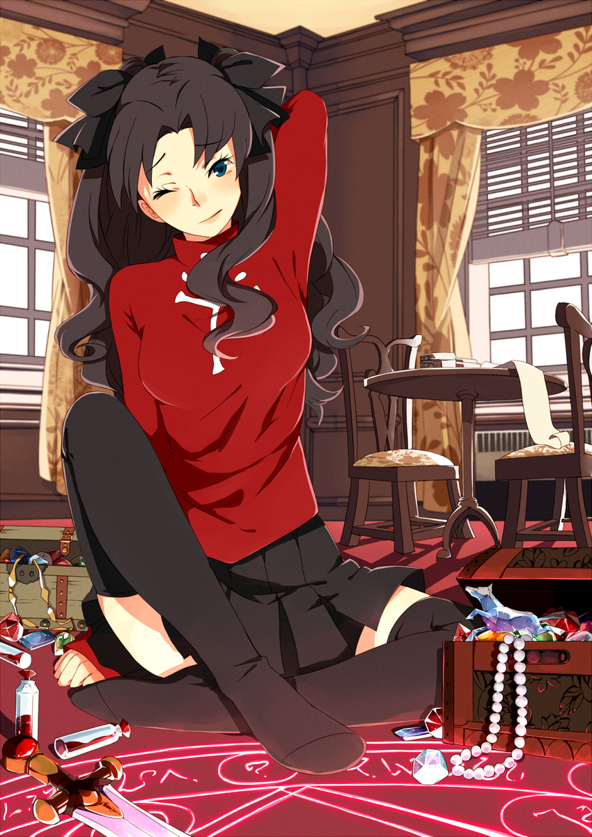 ai-wa bad_id bad_pixiv_id black_hair black_legwear blue_eyes bow chair curtains fate/stay_night fate_(series) gem hair_bow hand_behind_head highres jewelry magic_circle necklace one_eye_closed sitting sweater sword table thighhighs toosaka_rin twintails vial weapon window zettai_ryouiki