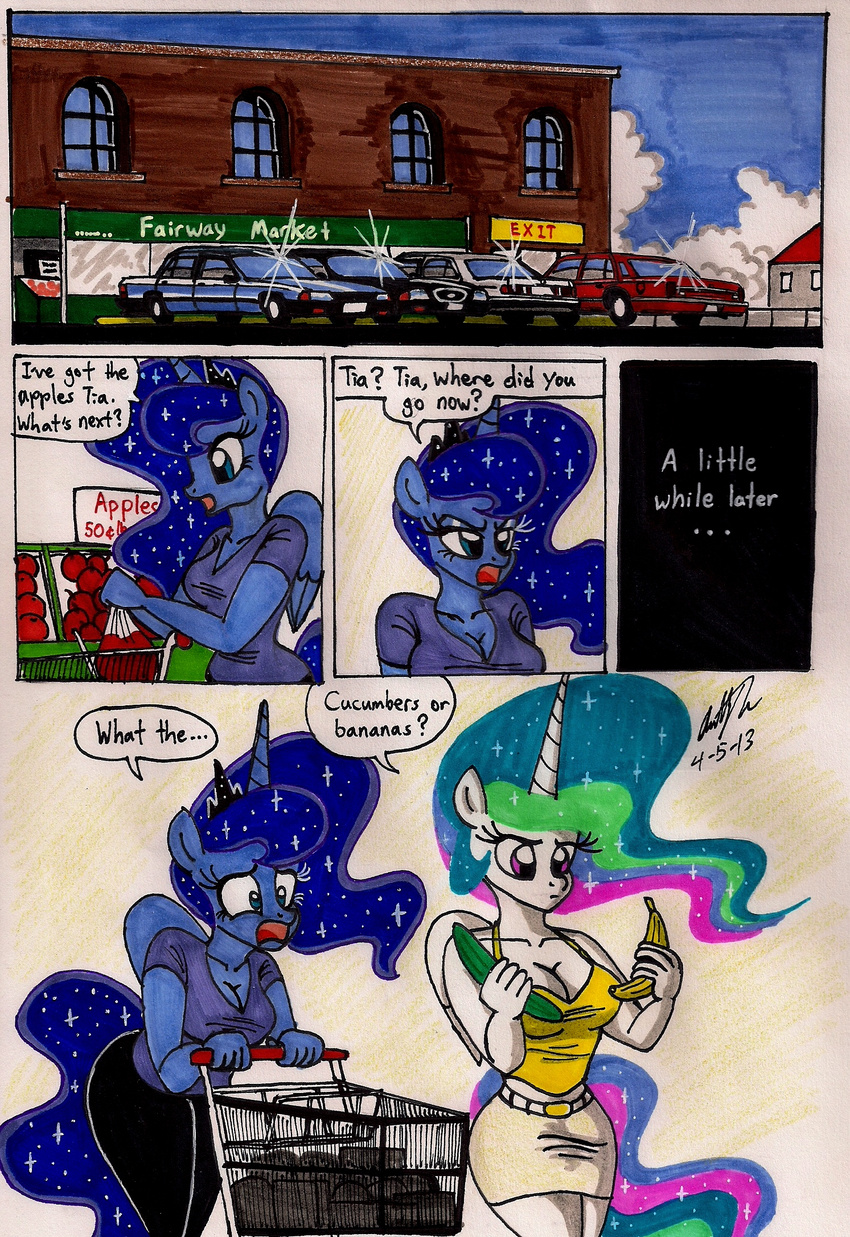 anthro anthrofied apple banana blue_body blue_eyes car crown cucumber dialog duo english_text equine female friendship_is_magic fruit hair horn mammal multi-colored_hair my_little_pony newyorkx3 open_mouth phallic princess princess_celestia_(mlp) princess_luna_(mlp) purple_eyes royalty shopping suggestive suggestive_food text traditional_media white_body winged_unicorn wings
