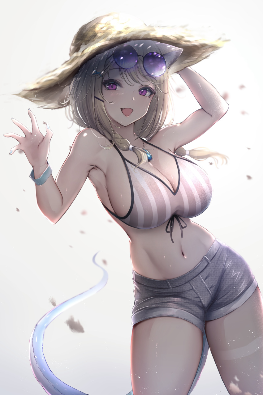 1girl absurdres animal_ear_fluff arknights armpits bikini blonde_hair blue_tail breasts cleavage eyewear_on_head highres jewelry large_breasts looking_at_viewer necklace poni_(poni_arknights) purple_eyes round_eyewear short_hair smile solo striped_bikini striped_clothes sunglasses swimsuit thighs utage_(arknights) utage_(summer_flowers)_(arknights)
