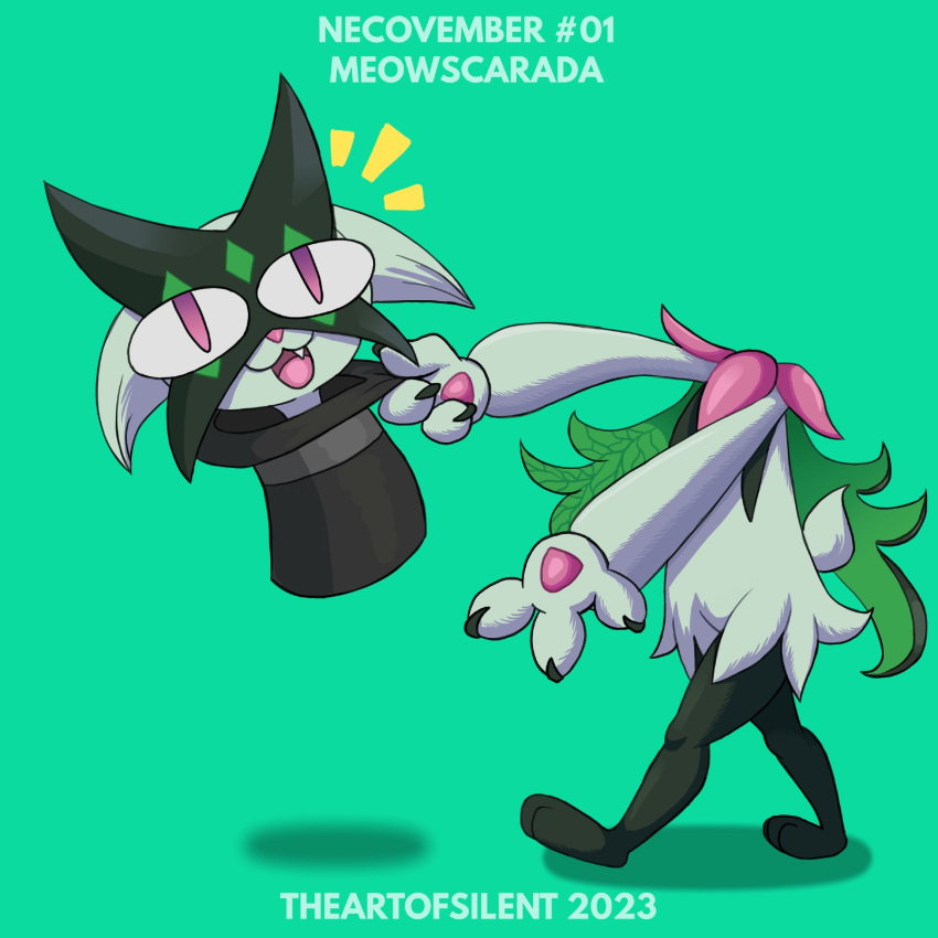 1:1 2023 3_fingers :3 ambiguous_gender anthro artist_name biped cat_smile claws clothing colored detachable detachable_head emanata fingers fur generation_9_pokemon green_background green_body green_fur hat headgear headwear hi_res holding_clothing holding_hat holding_headgear holding_headwear holding_object looking_at_viewer meowscarada multicolored_eyes neco-arc nintendo open_:3 open_mouth open_smile pawpads pink_nose pokemon pokemon_(species) pose pseudo_clothing pupils purple_eyes shaded shadow short_tail simple_background slit_pupils smile solo tail text theartofsilent top_hat tsukihime type-moon