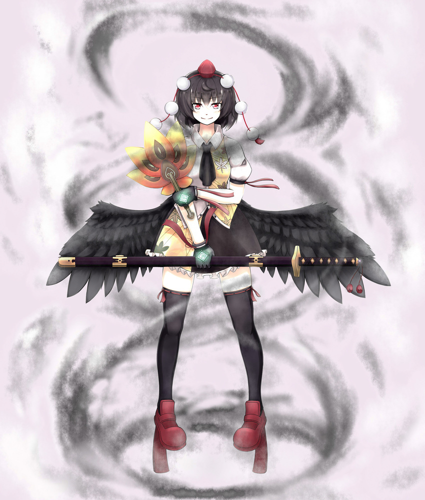 absurdres fan frills geta gloves hat highres legs looking_at_viewer pigeon-toed ribbon shameimaru_aya short_hair simple_background skirt smile solo soranoslayers sword tengu thighhighs tokin_hat touhou weapon wings zettai_ryouiki