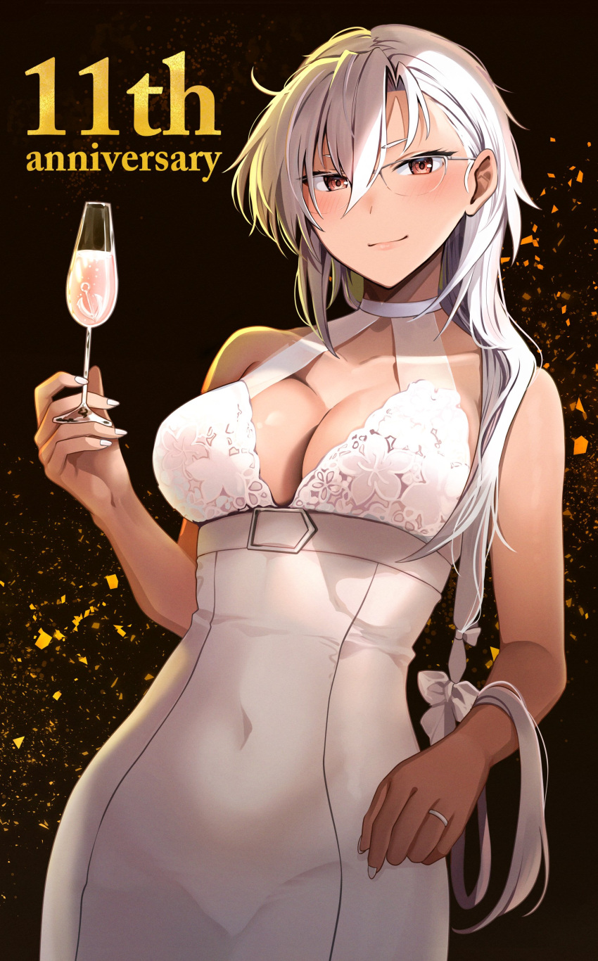 1girl absurdres alternate_costume alternate_hairstyle asymmetrical_bangs black_background breasts cleavage closed_mouth commentary_request covered_navel cup dark-skinned_female dark_skin dress grey_hair hair_behind_ear hair_between_eyes halterneck happy_anniversary highres holding holding_cup jewelry kantai_collection large_breasts long_hair looking_at_viewer low_twintails musashi_(kancolle) rectangular_eyewear red_eyes ring semi-rimless_eyewear sleeveless sleeveless_dress smile solo tight_clothes tight_dress twintails very_long_hair wedding_ring white_nails yunamaro