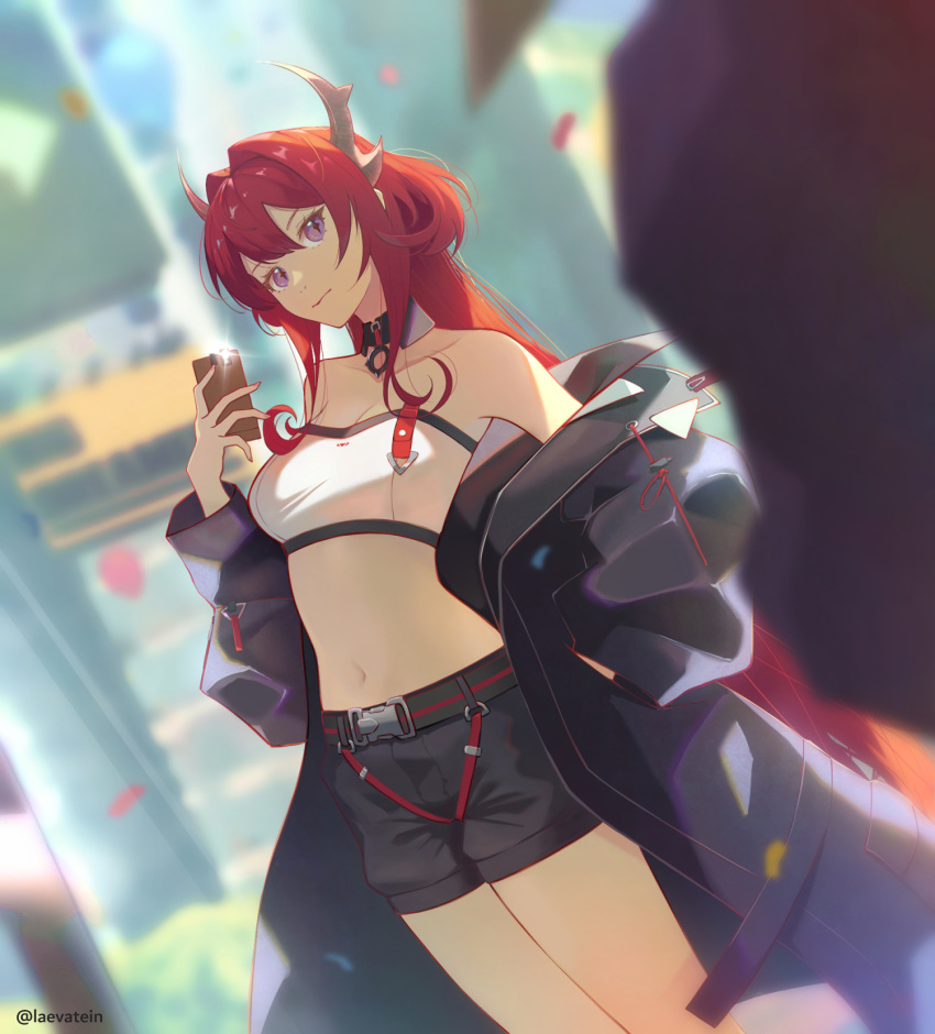 1girl arknights bandeau bare_shoulders belt black_belt black_coat black_shorts breasts cellphone cleavage coat commentary_request cowboy_shot hand_up highres holding holding_phone horns laevatein_(la3vatein) long_hair looking_at_viewer medium_breasts midriff navel off_shoulder official_alternate_costume open_clothes open_coat phone purple_eyes red_hair shorts smartphone solo standing stomach strapless surtr_(arknights) thighs tube_top very_long_hair