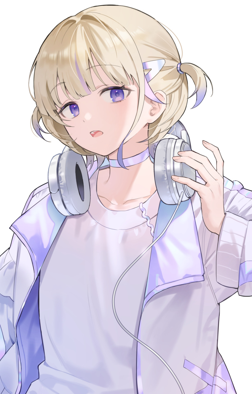 1girl blonde_hair choker headphones headphones_around_neck highres hololive hololive_dev_is jacket n2_00345 purple_choker purple_eyes purple_jacket shirt todoroki_hajime two_side_up virtual_youtuber white_background white_shirt