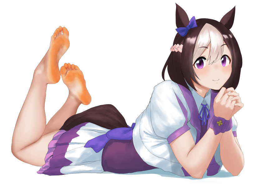 1girl absurdres animal_ears barefoot black_vest braid breasts brown_hair closed_mouth collarbone commentary_request cropped_jacket feet foot_focus furaido_potato greek_toe hair_between_eyes highres horse_ears horse_girl jacket looking_at_viewer lying medium_breasts multicolored_hair on_stomach purple_eyes shirt simple_background sitting skirt smile soles solo special_week_(umamusume) streaked_hair the_pose toes umamusume vest white_background white_jacket white_shirt white_skirt