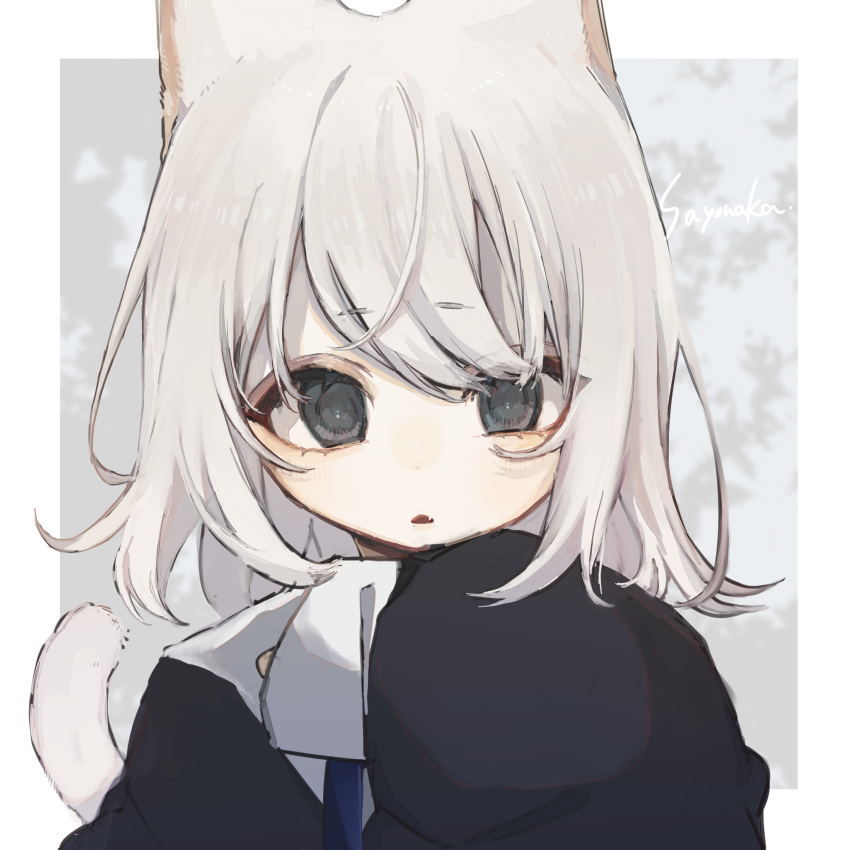 1girl animal_ears artist_name black_dress black_eyes border cat_ears cat_girl cat_tail dress grey_background hand_up highres indie_virtual_youtuber looking_at_viewer medium_hair open_mouth outside_border sayonaka_(vtuber) sayonaka_megumo short_eyebrows sleeve_cuffs sleeves_past_fingers sleeves_past_wrists solo tail tail_raised upper_body virtual_youtuber white_border white_hair